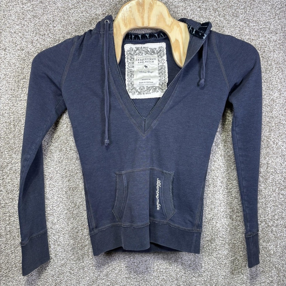 Vintage Y2K Abercrombie & Fitch Hoodie Womens Medium Blue V Neck Pullover Raglan
